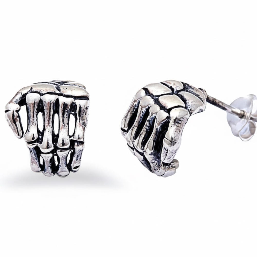 Mens Sterling Silver .925 Skeleton Hands Stud‎ Earrings